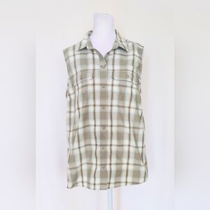 Eddie Bauer Sz Medium Womens Button Up Shirt Sleeveless Classic Fit Green Plaid